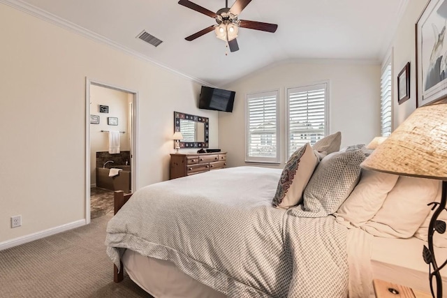 carpeted bedroom featuring crown molding, ceiling fan, lofted ceiling, and ensuite bathroom