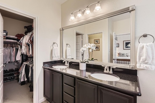 bathroom with a sink, a spacious closet, and double vanity