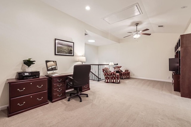 office area with lofted ceiling, recessed lighting, light carpet, baseboards, and attic access