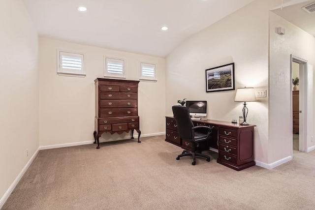 office space featuring light carpet, recessed lighting, visible vents, and baseboards