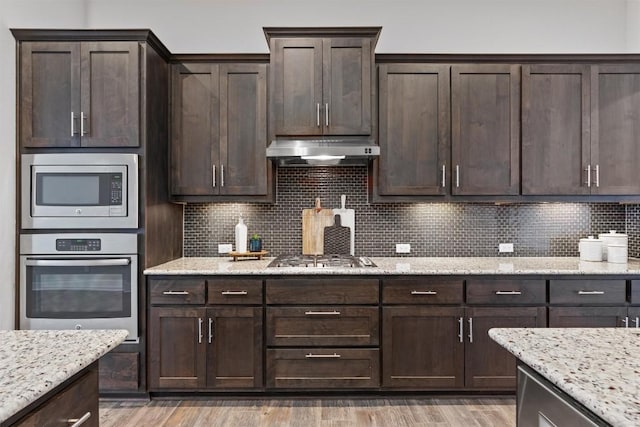 kitchen featuring dark brown cabinetry, tasteful backsplash, stainless steel appliances, and wood-type flooring