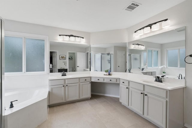 full bathroom with two vanities, visible vents, a sink, and a shower stall