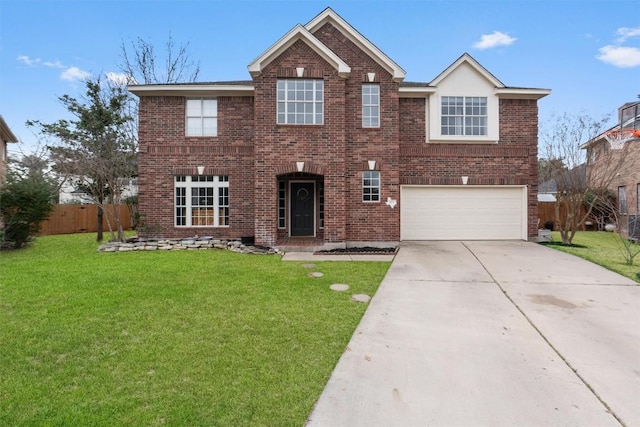 view of front of property featuring a front yard, fence, and brick siding