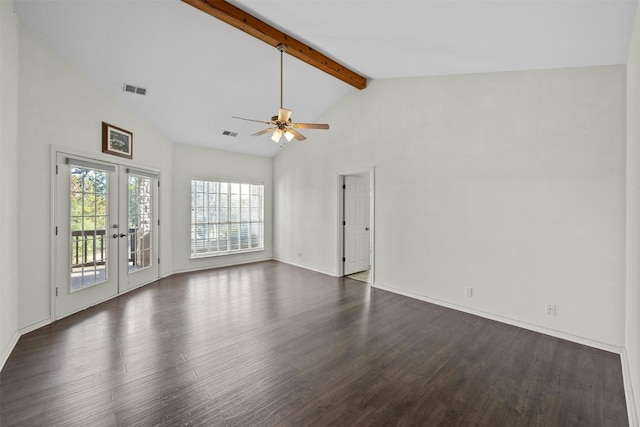 unfurnished living room featuring dark wood-type flooring, beam ceiling, high vaulted ceiling, and french doors