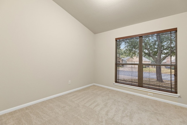 unfurnished room featuring light carpet, a textured ceiling, and lofted ceiling