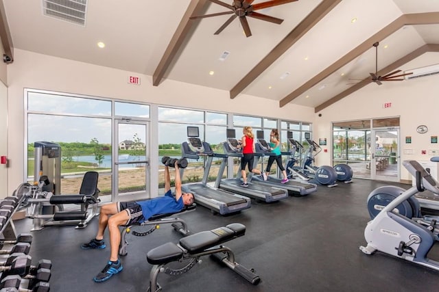 exercise room featuring high vaulted ceiling and ceiling fan