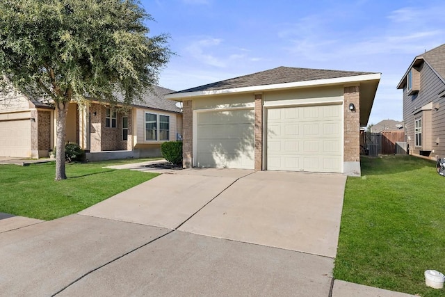 15210 Walcott Dr, Austin, TX 78725 - ranch-style house featuring brick siding, a garage, a front lawn, and a shingled roof