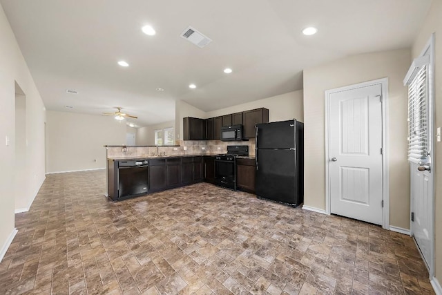 15210 Walcott Dr, Austin, TX 78725 - kitchen with black appliances, ceiling fan, decorative backsplash, a peninsula, and light stone finish floors