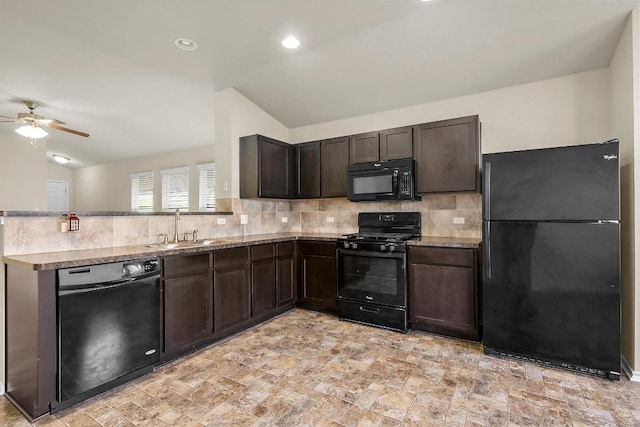 15210 Walcott Dr, Austin, TX 78725 - kitchen with black appliances, backsplash, a ceiling fan, dark brown cabinetry, and recessed lighting