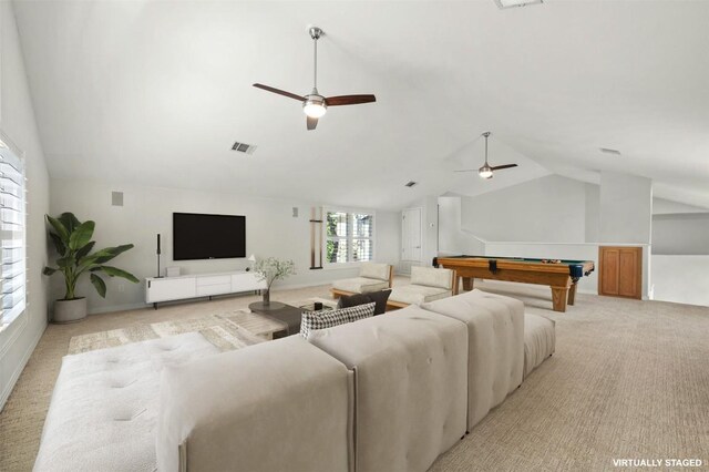 living room featuring lofted ceiling, light carpet, ceiling fan, and billiards