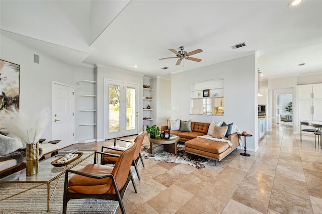 living area featuring built in features, visible vents, ornamental molding, and baseboards