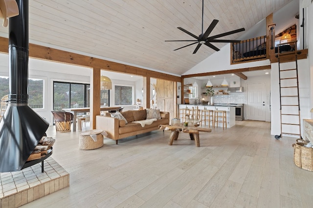 living room with wood ceiling, high vaulted ceiling, light hardwood / wood-style flooring, a wood stove, and ceiling fan