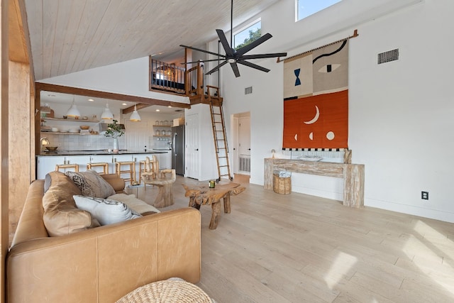 living room featuring high vaulted ceiling, light hardwood / wood-style floors, wooden ceiling, and ceiling fan