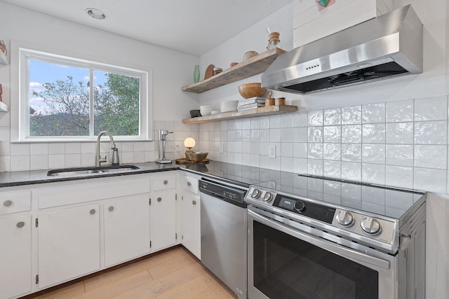 kitchen with sink, white cabinetry, wall chimney range hood, stainless steel appliances, and backsplash