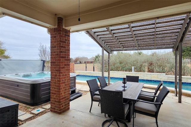 view of patio / terrace featuring a hot tub and a pergola