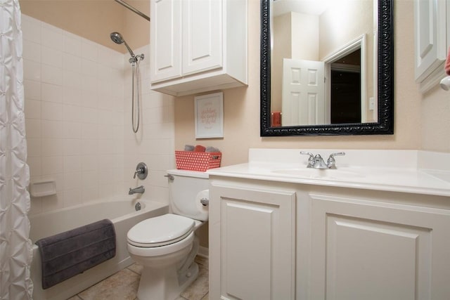 full bathroom featuring shower / tub combo, vanity, tile patterned floors, and toilet