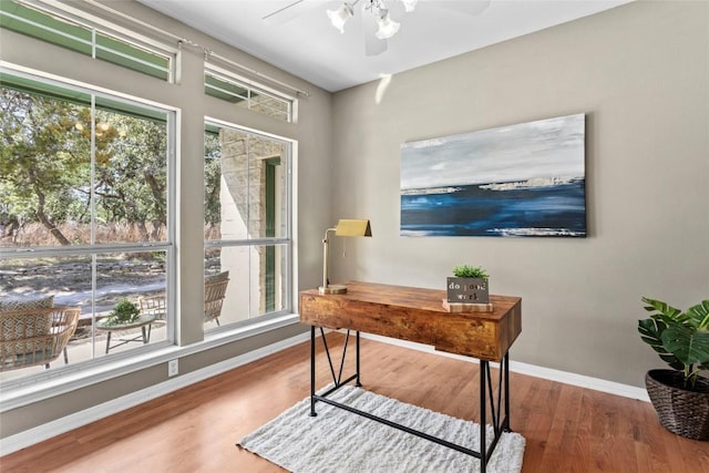 home office with hardwood / wood-style flooring, a healthy amount of sunlight, and ceiling fan