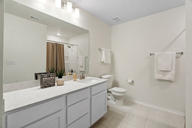 bathroom with walk in shower, tile patterned floors, vanity, and toilet