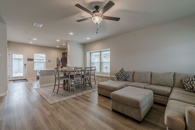 221 Duck Creek Trl, San Marcos, TX 78666 - living area featuring healthy amount of natural light, light wood-style floors, a ceiling fan, and recessed lighting