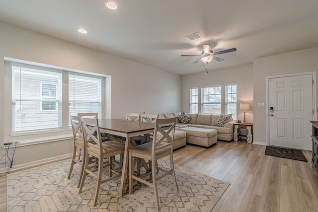 221 Duck Creek Trl, San Marcos, TX 78666 - dining room with ceiling fan, light wood-type flooring, baseboards, and recessed lighting