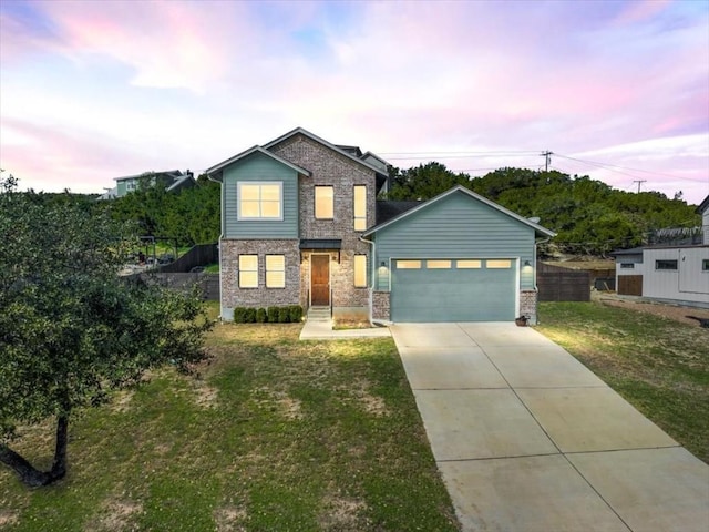 712 Newport Dr, Spicewood, TX 78669 - traditional-style house featuring an attached garage, stone siding, fence, a lawn, and driveway