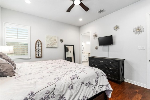 bedroom with baseboards, visible vents, a ceiling fan, dark wood-style floors, and recessed lighting