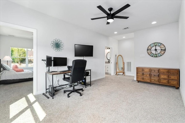 office with recessed lighting, visible vents, light carpet, and baseboards