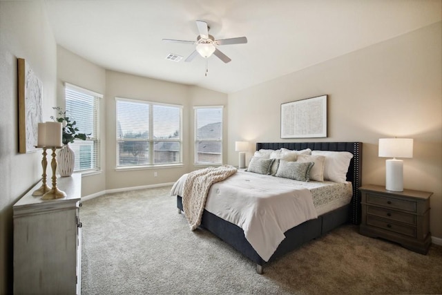 bedroom featuring carpet flooring, a ceiling fan, baseboards, and visible vents