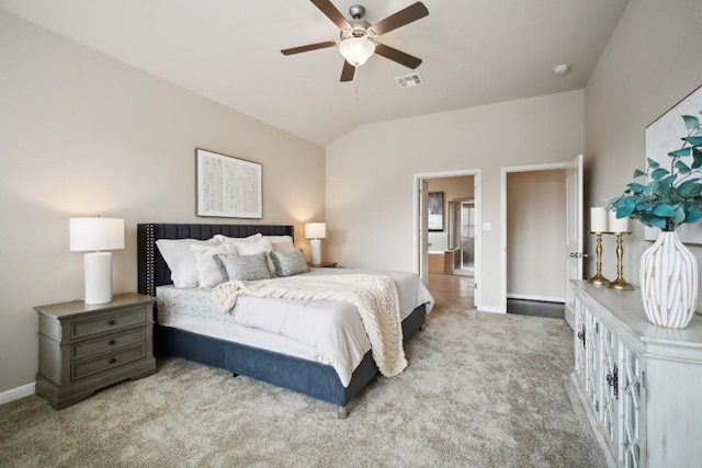bedroom featuring baseboards, carpet flooring, lofted ceiling, and visible vents
