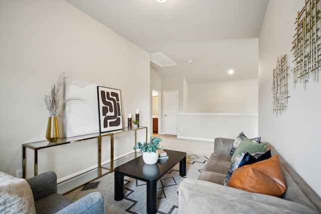 living room with carpet floors, baseboards, recessed lighting, and visible vents
