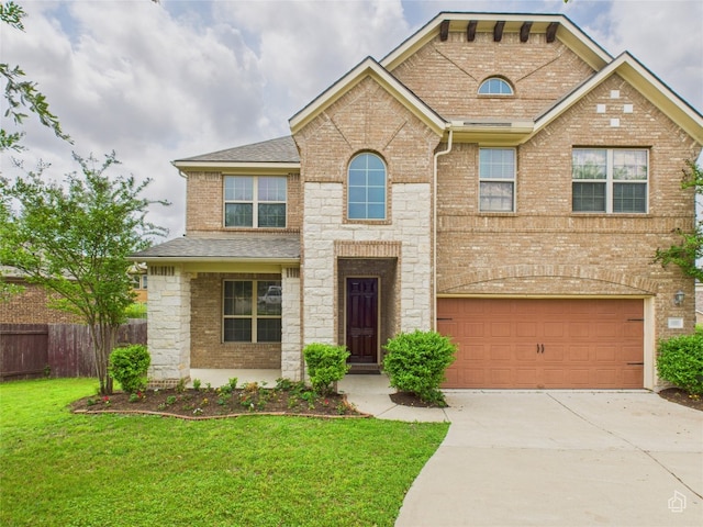 108 Phil Mickelson Ct, Round Rock, TX 78664 - view of front of house with a front yard, a garage, fence, concrete driveway, and a shingled roof