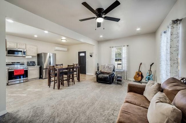 carpeted living room featuring an AC wall unit and ceiling fan