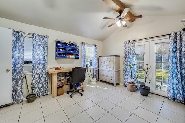 tiled office space featuring french doors, ceiling fan, and vaulted ceiling with beams