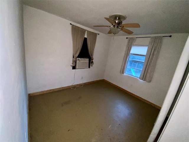 unfurnished room with cooling unit, concrete flooring, and ceiling fan