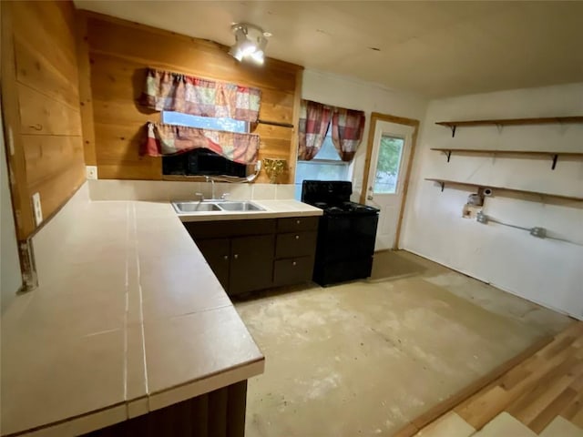 kitchen with sink, dark brown cabinets, and black electric range