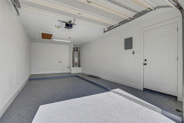 garage featuring a garage door opener, electric panel, and gas water heater