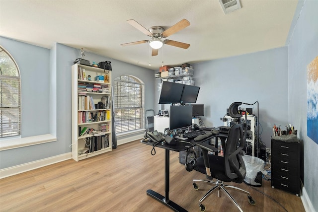 office area with ceiling fan and light hardwood / wood-style floors