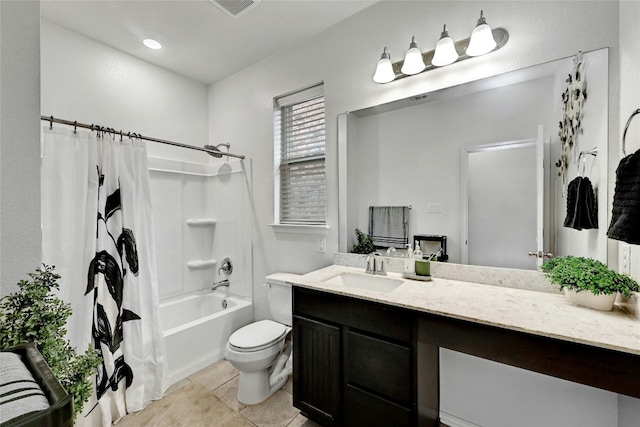 full bathroom with shower / tub combo with curtain, vanity, toilet, and tile patterned flooring