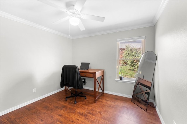 office with dark wood-type flooring, ornamental molding, and ceiling fan