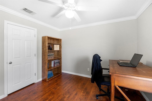 office area with ornamental molding, dark hardwood / wood-style floors, and ceiling fan