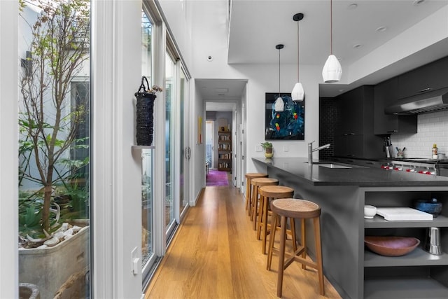 kitchen featuring dark cabinetry, open shelves, a sink, under cabinet range hood, and dark countertops