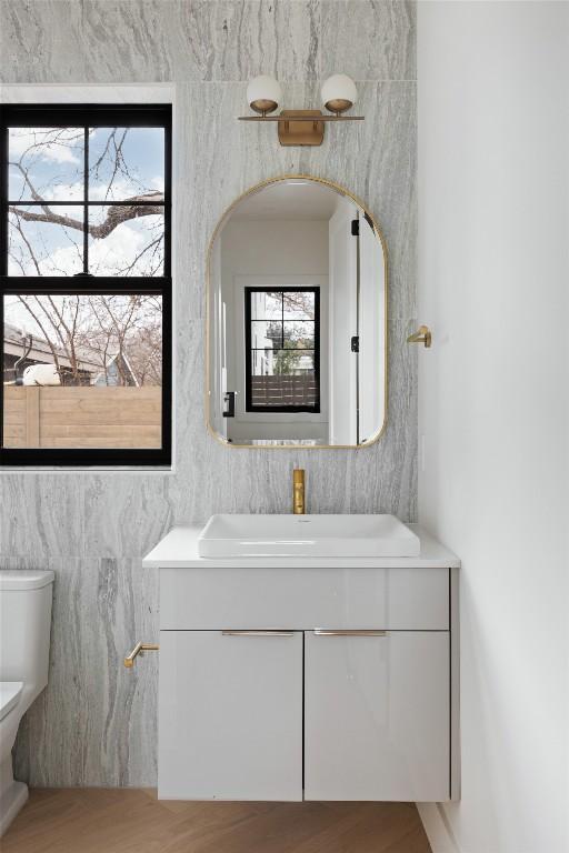 bathroom featuring vanity, wood-type flooring, and toilet