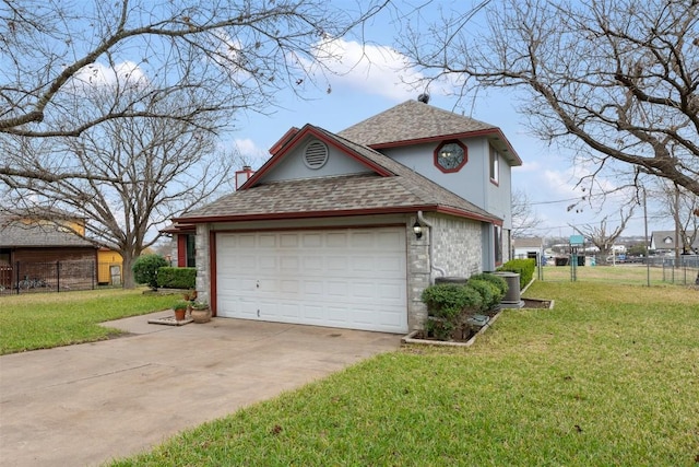 view of home's exterior featuring a garage, central AC, and a lawn