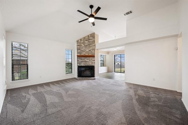 unfurnished living room featuring ceiling fan, carpet, high vaulted ceiling, and a fireplace