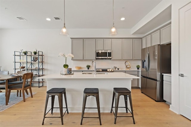 kitchen with stainless steel appliances, sink, a kitchen island with sink, and gray cabinets