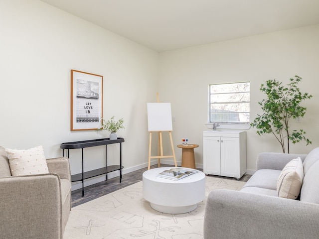 living area with sink and light hardwood / wood-style floors