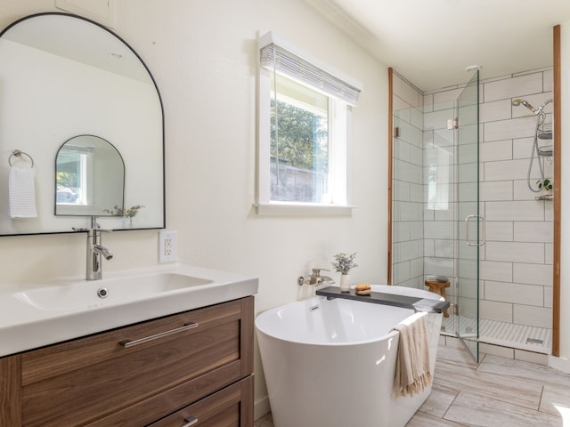 bathroom featuring vanity and independent shower and bath