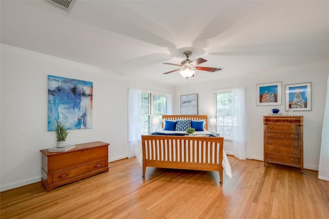 bedroom with ceiling fan and light wood-type flooring