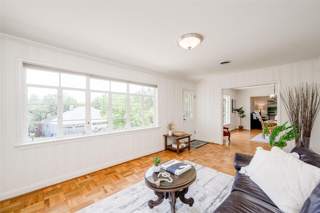 living room featuring light parquet floors