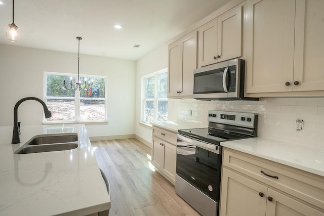 kitchen with sink, appliances with stainless steel finishes, backsplash, hanging light fixtures, and light stone counters